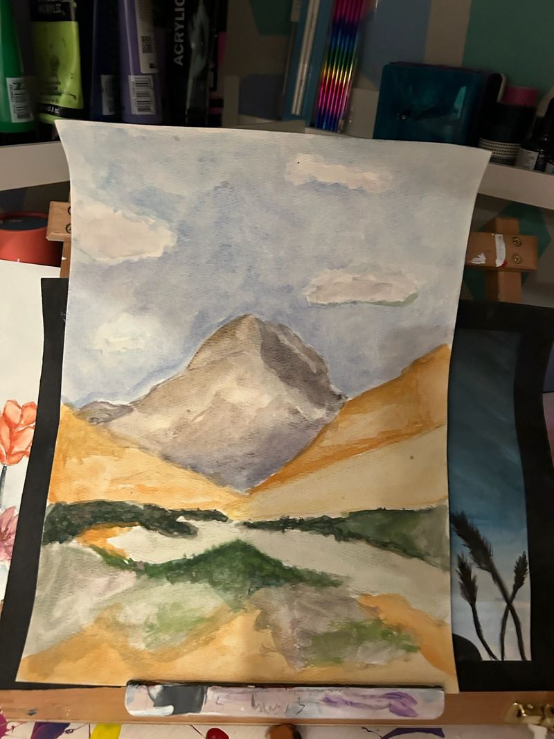 Watercolor painting of a mountain landscape