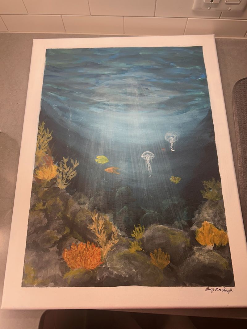 Finished framed painting of an underwater coral reef scene