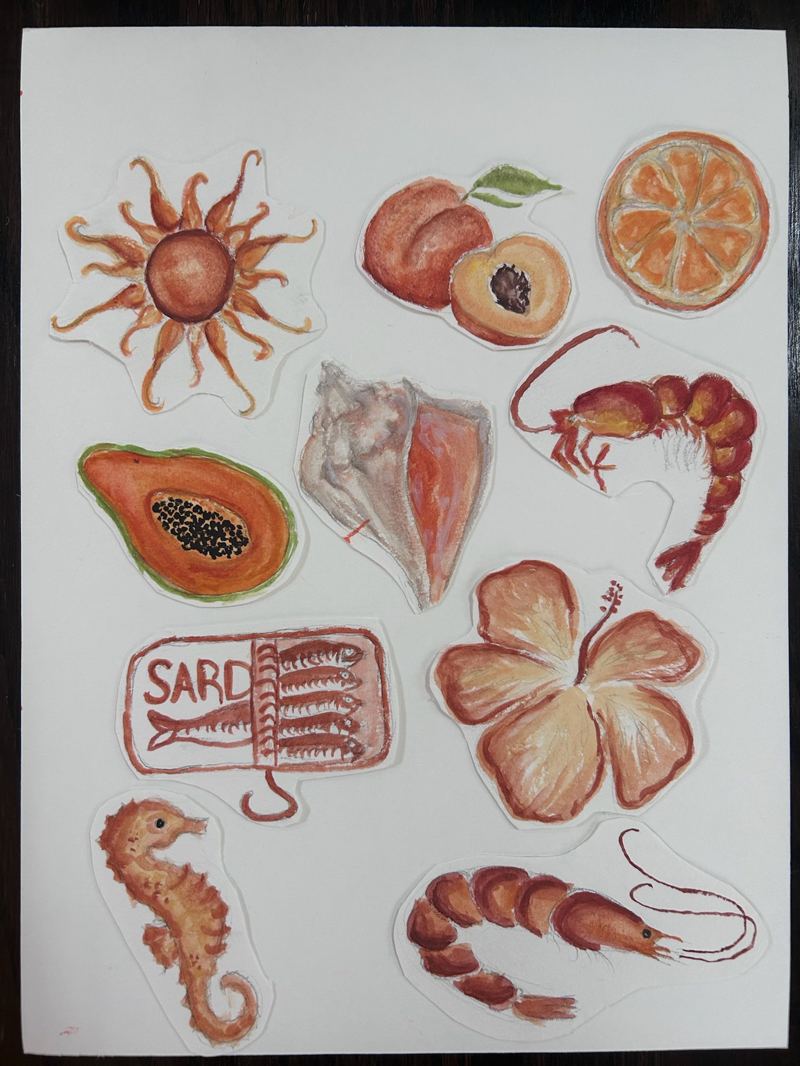 Sheet of watercolor stickers featuring fruit and sea life